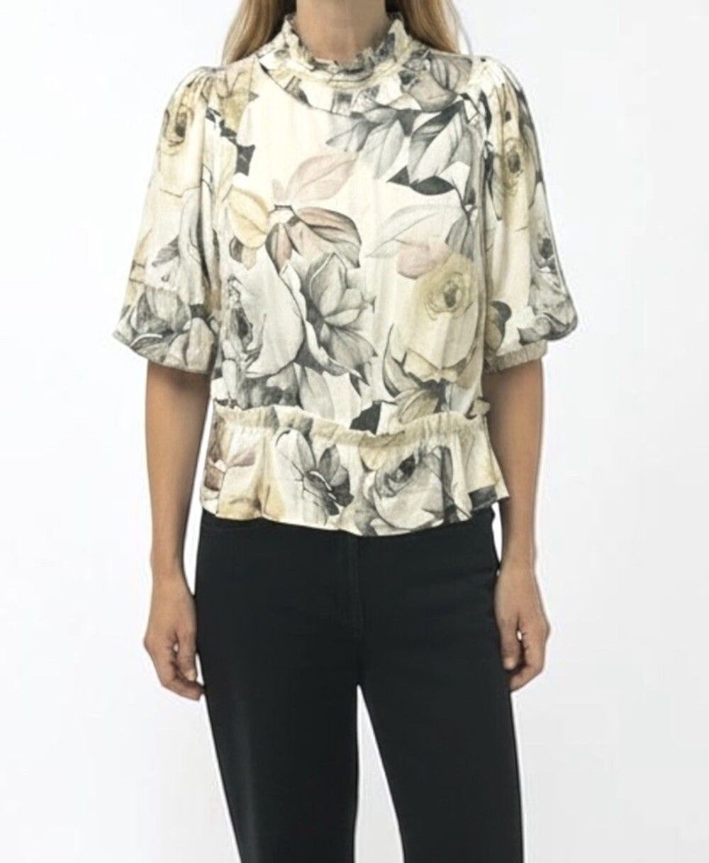 Tahari Floral Peplum Top High Neck Cream Green Yellow Size Medium